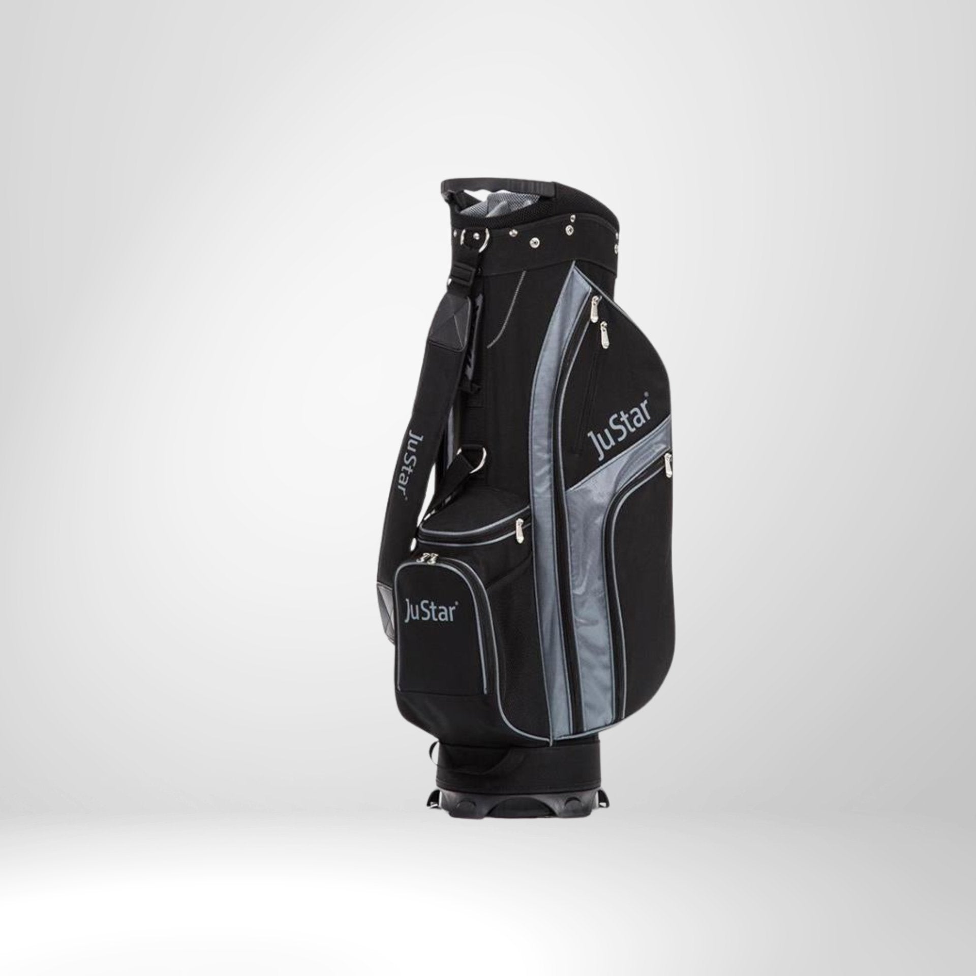 Schwarzes Golfbag mit grauen Akzenten, JuStar Logo, mehrere Reißverschlusstaschen
