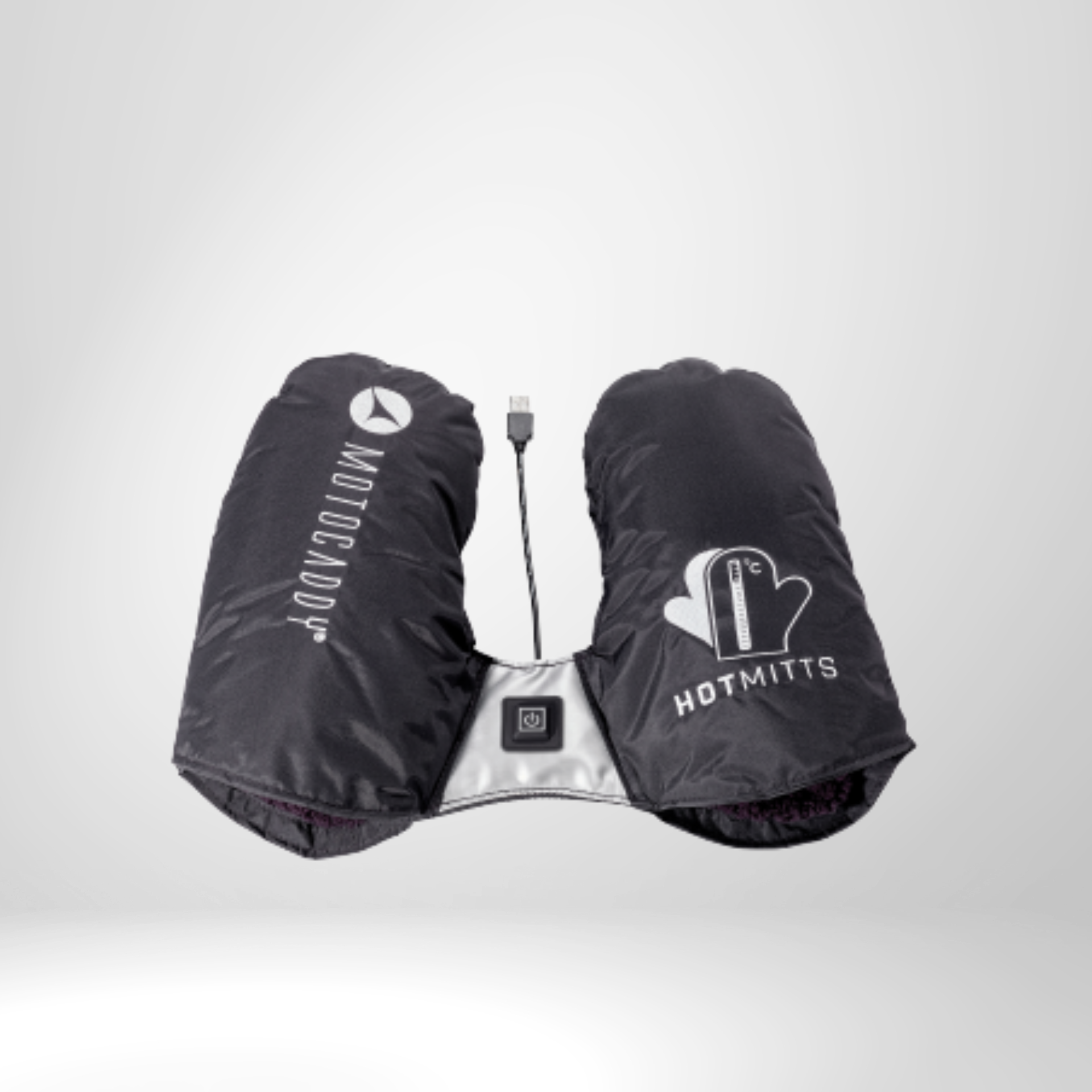 Schwarze beheizbare Golf-Handwärmer mit USB-Anschluss und Hotmitts-Logo