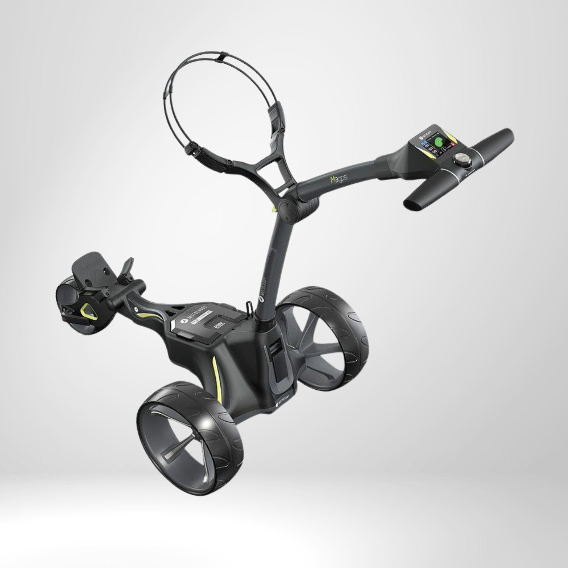 Moderner elektrischer Golf Trolley mit großen Rädern und Bedienelementen vor weißem Hintergrund