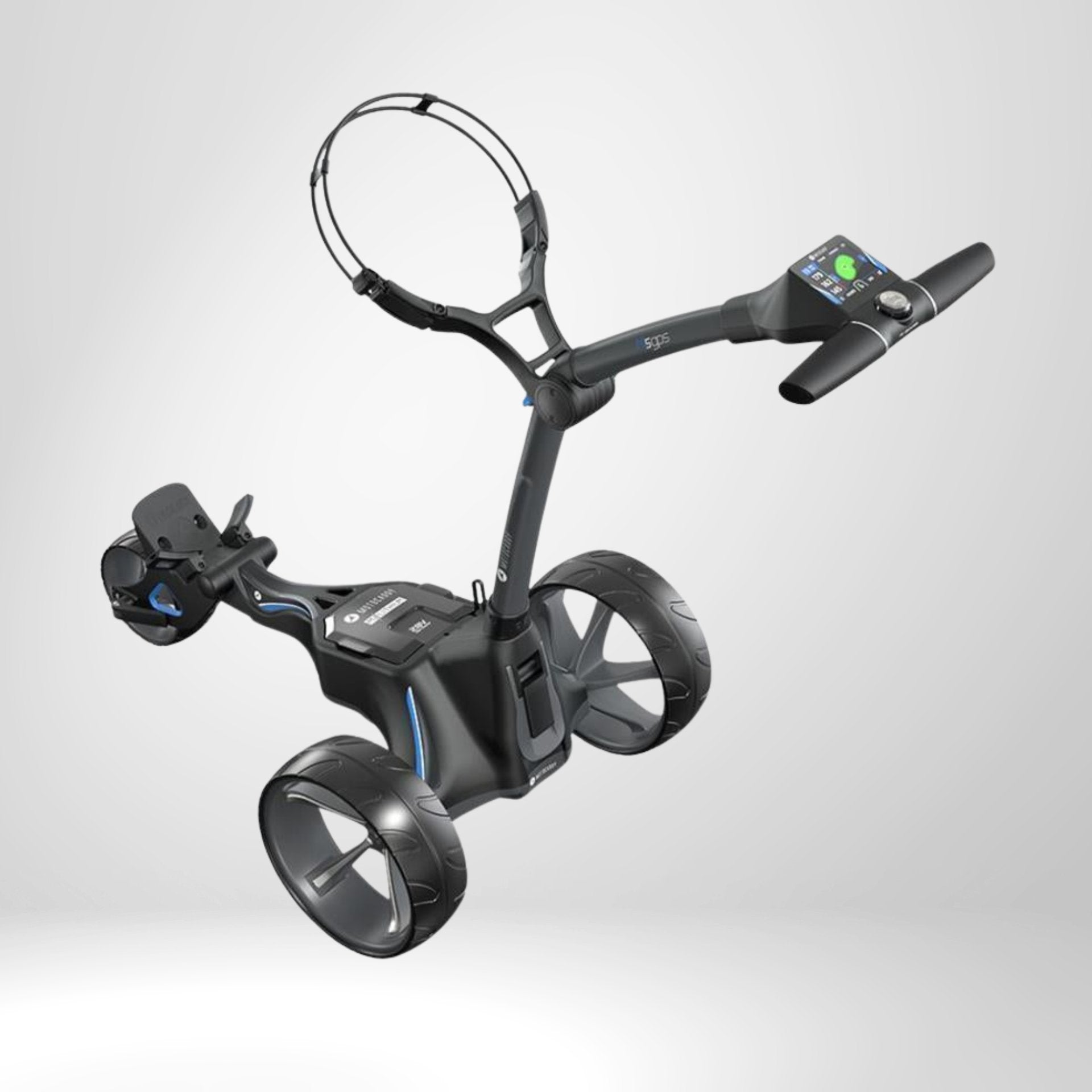 Moderner elektrischer Golf Trolley mit großen Rädern, schwarzem Gestell und digitalem Display