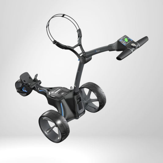 Moderner elektrischer Golf Trolley mit großen Rädern, schwarzem Gestell und digitalem Display