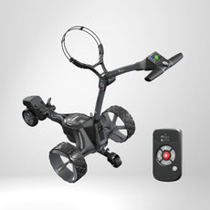 Elektrischer Golf Trolley mit Fernbedienung, moderne robuste Bauweise, grauer Hintergrund