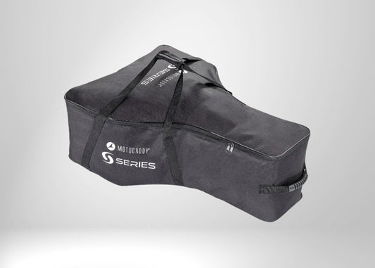 Schwarze Motocaddy S-Serie Golftasche mit Reißverschluss und Tragegriffen, freigestellt