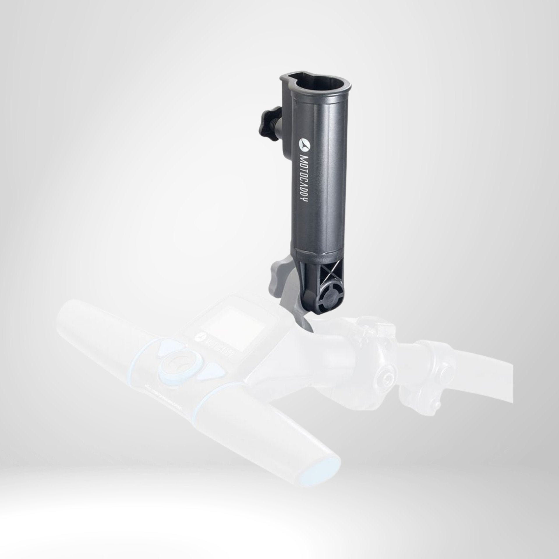 Schwarze Halterung für Golftrolley-Zubehör, an Lenker montiert, Nahaufnahme