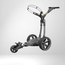 Moderner E-Trolley für Golf, dreirädrig in Dunkelgrau mit ergonomischem Griff