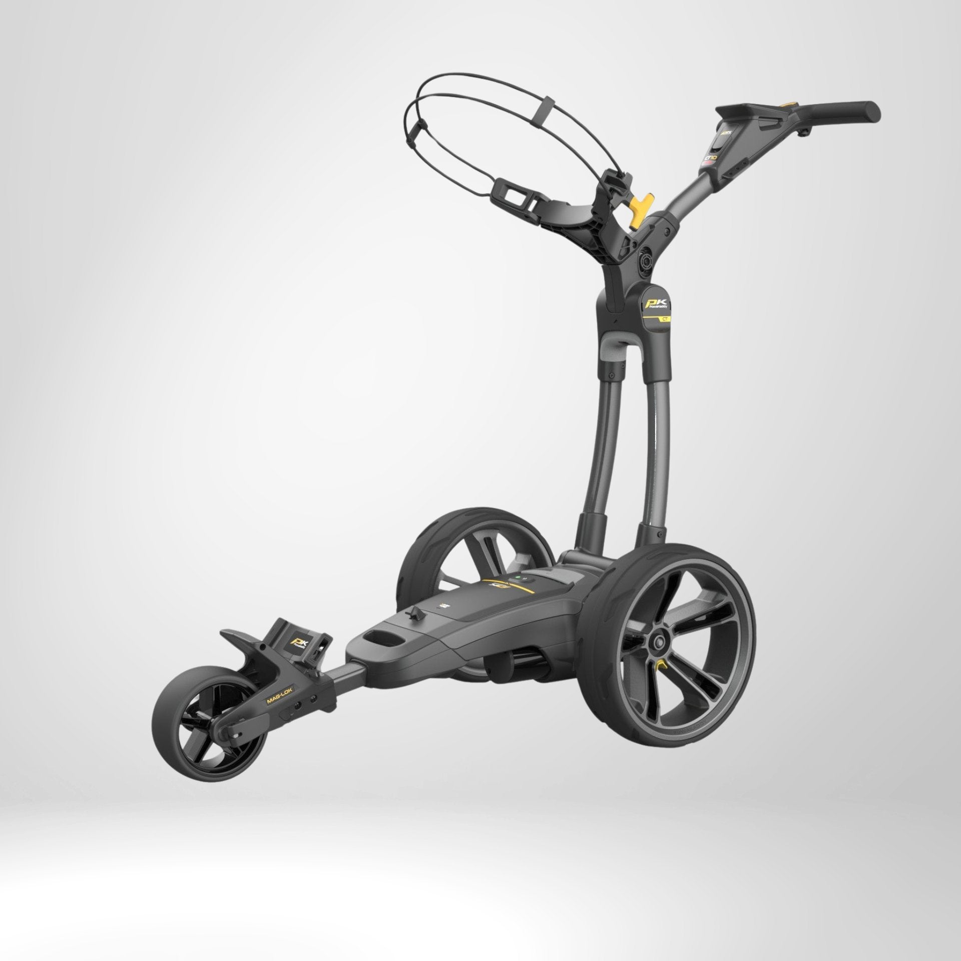 Moderner E-Trolley für Golf, dreirädrig in Dunkelgrau mit ergonomischem Griff