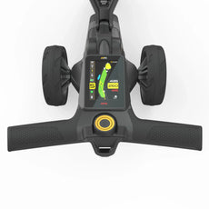 Golf E-Trolley mit GPS-Display, breiten Rädern und anthrazitfarbenem Griff, Vogelperspektive