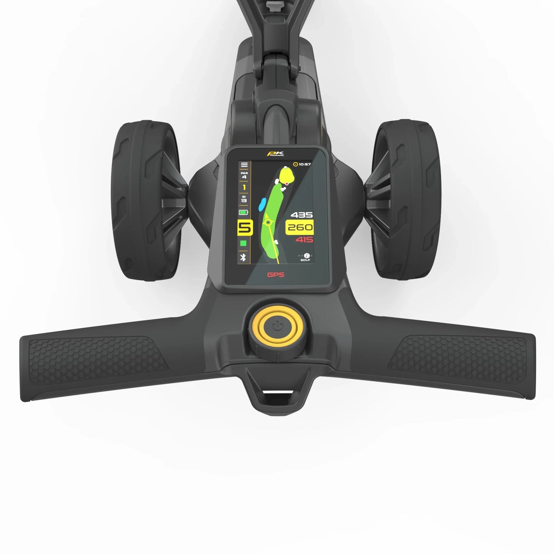 Golf E-Trolley mit GPS-Display, breiten Rädern und anthrazitfarbenem Griff, Vogelperspektive