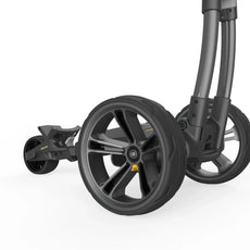 Golf Trolley Hinterräder in Gun Metal, detailreiche Aufnahme, modernes Golfzubehör