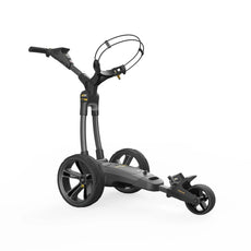 Moderner elektrischer Golf Trolley in Gun Metal mit robusten drei Rädern auf weißem Hintergrund