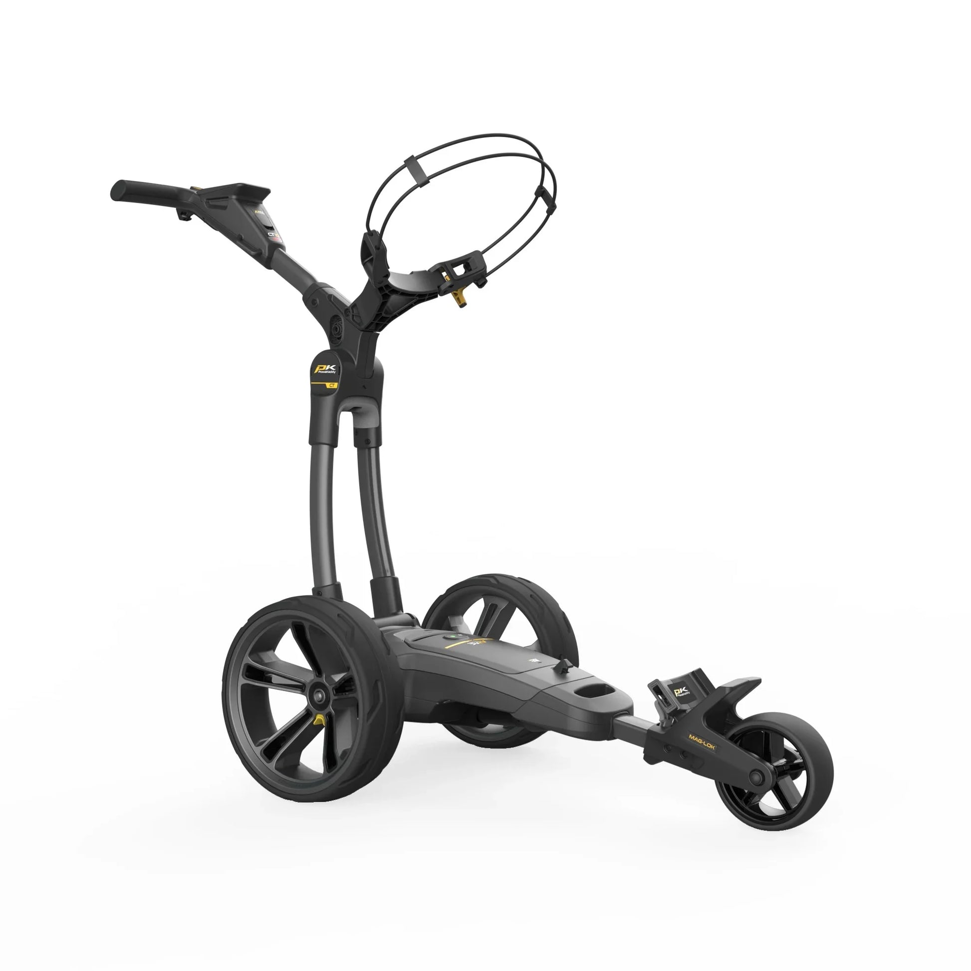 Moderner elektrischer Golf Trolley in Gun Metal mit robusten drei Rädern auf weißem Hintergrund