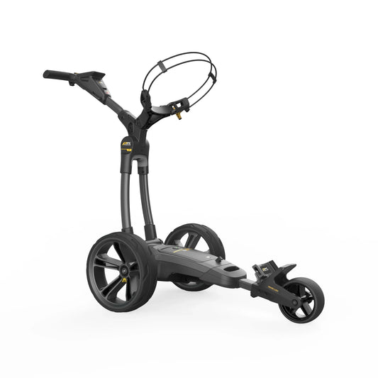 Moderner elektrischer Golf Trolley in Gun Metal mit robusten drei Rädern auf weißem Hintergrund