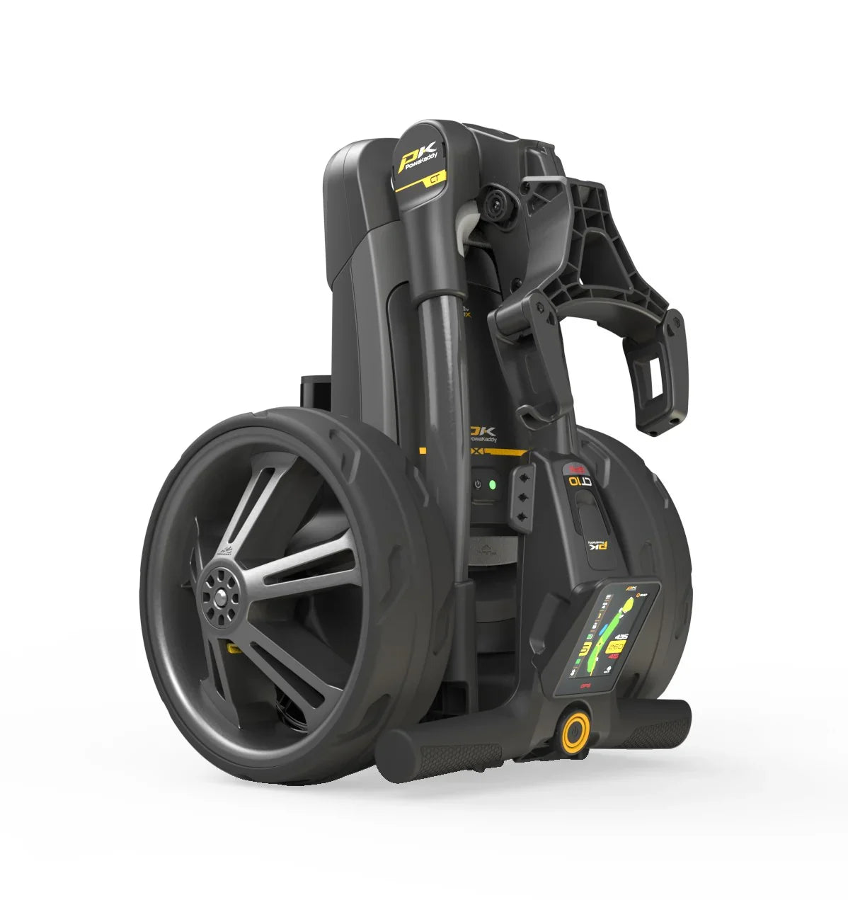 Zusammenklappbarer E-Trolley für Golf, schwarz mit großen Rädern, modernes Design