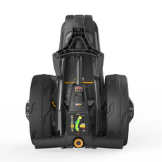 Zusammengeklappter elektrischer Golf-Trolley mit großem Display und robusten Rädern, Nahaufnahme