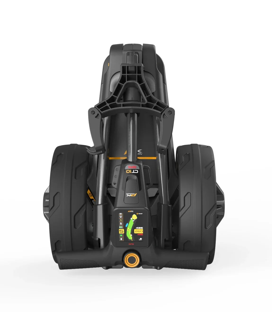 Zusammengeklappter elektrischer Golf-Trolley mit großem Display und robusten Rädern, Nahaufnahme