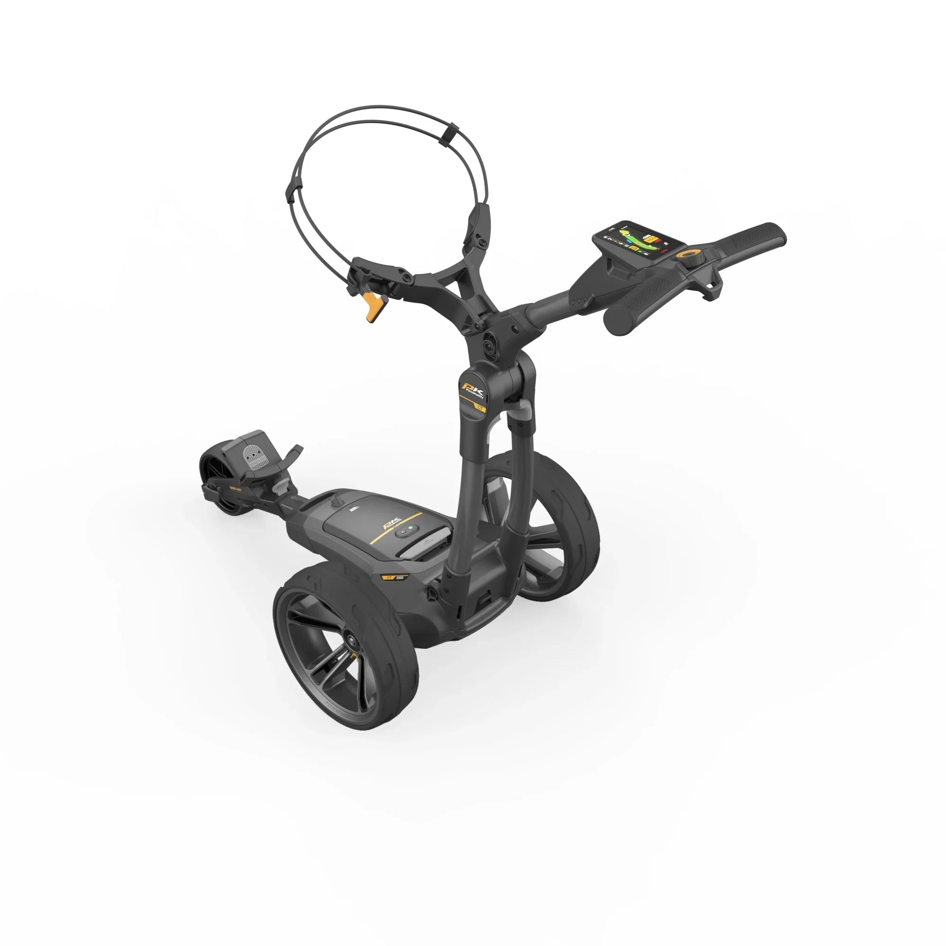 Elektrischer Golf Trolley in grau-schwarz mit großen Rädern und modernem Bedienfeld, E-Trolley
