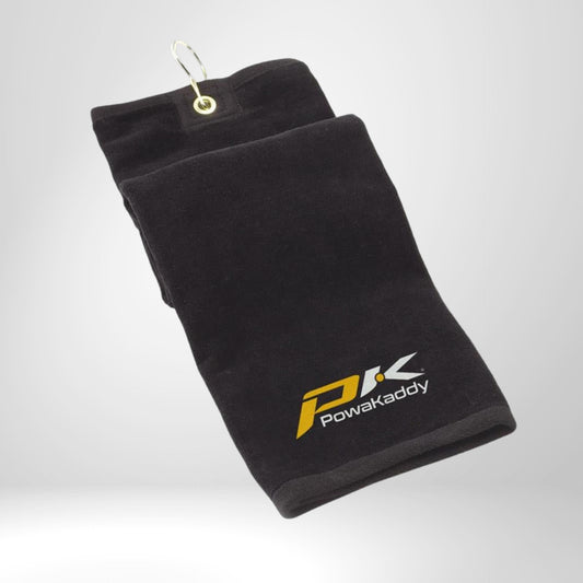 Schwarzes Golfhandtuch mit Metallclip und gelbem PK Powakaddy Logo für Golfausrüstung
