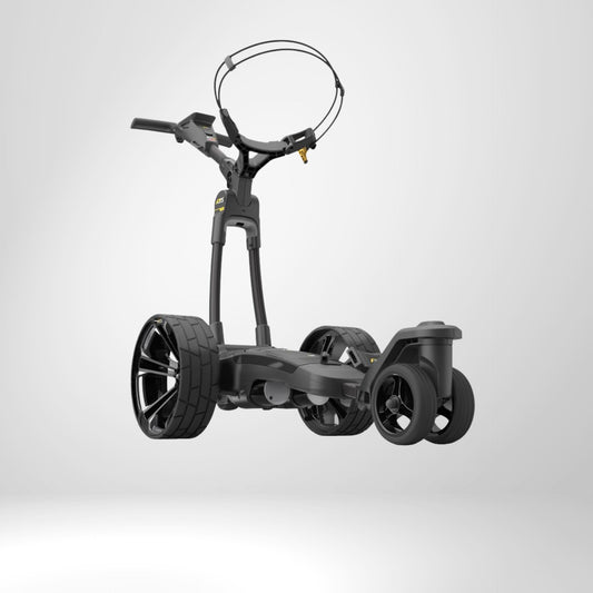 Moderner elektrischer Golf Trolley in Schwarz mit GPS-Halterung, große robuste Räder