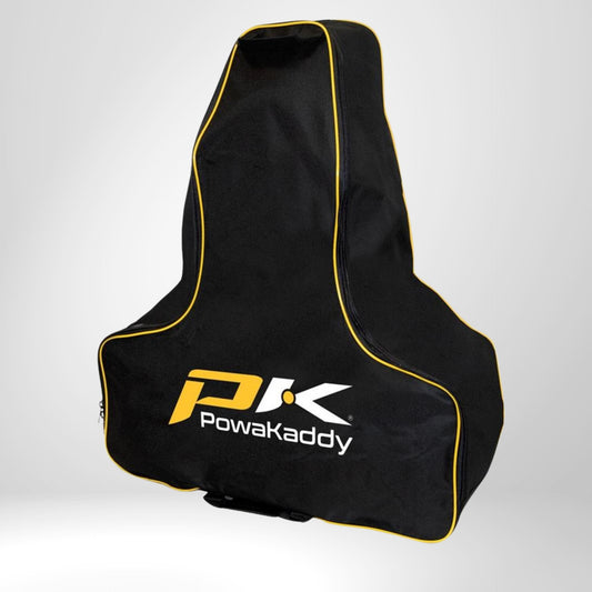 Schwarze Powakaddy E-Trolley Transporttasche mit gelben Akzenten, isoliert vor weißem Hintergrund