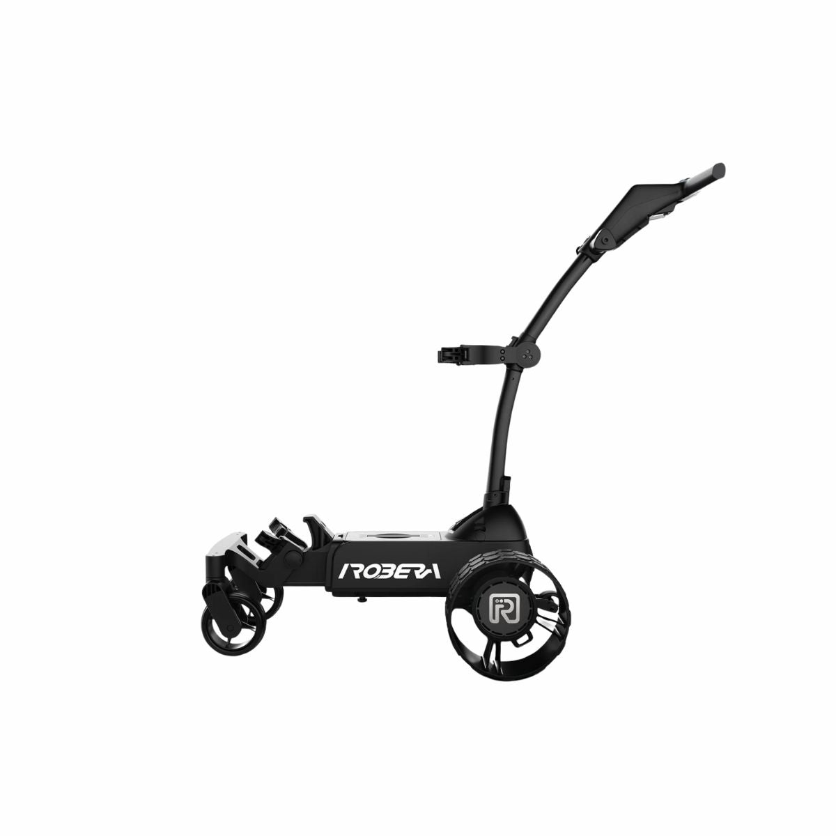 Elektrischer Golf Trolley in Schwarz, modernes Design, drei Räder, seitliche Ansicht
