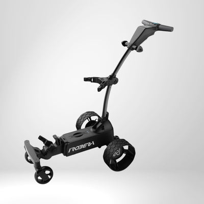Moderner elektrischer Golf Trolley mit drei Rädern und stabilem Griff vor weißem Hintergrund