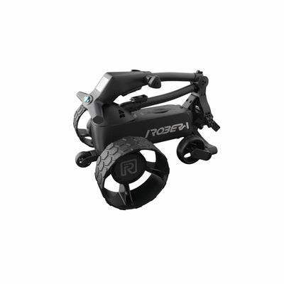 Zusammengeklappter E-Trolley für Golf, modernes schwarzes Design, robuste Profilreifen