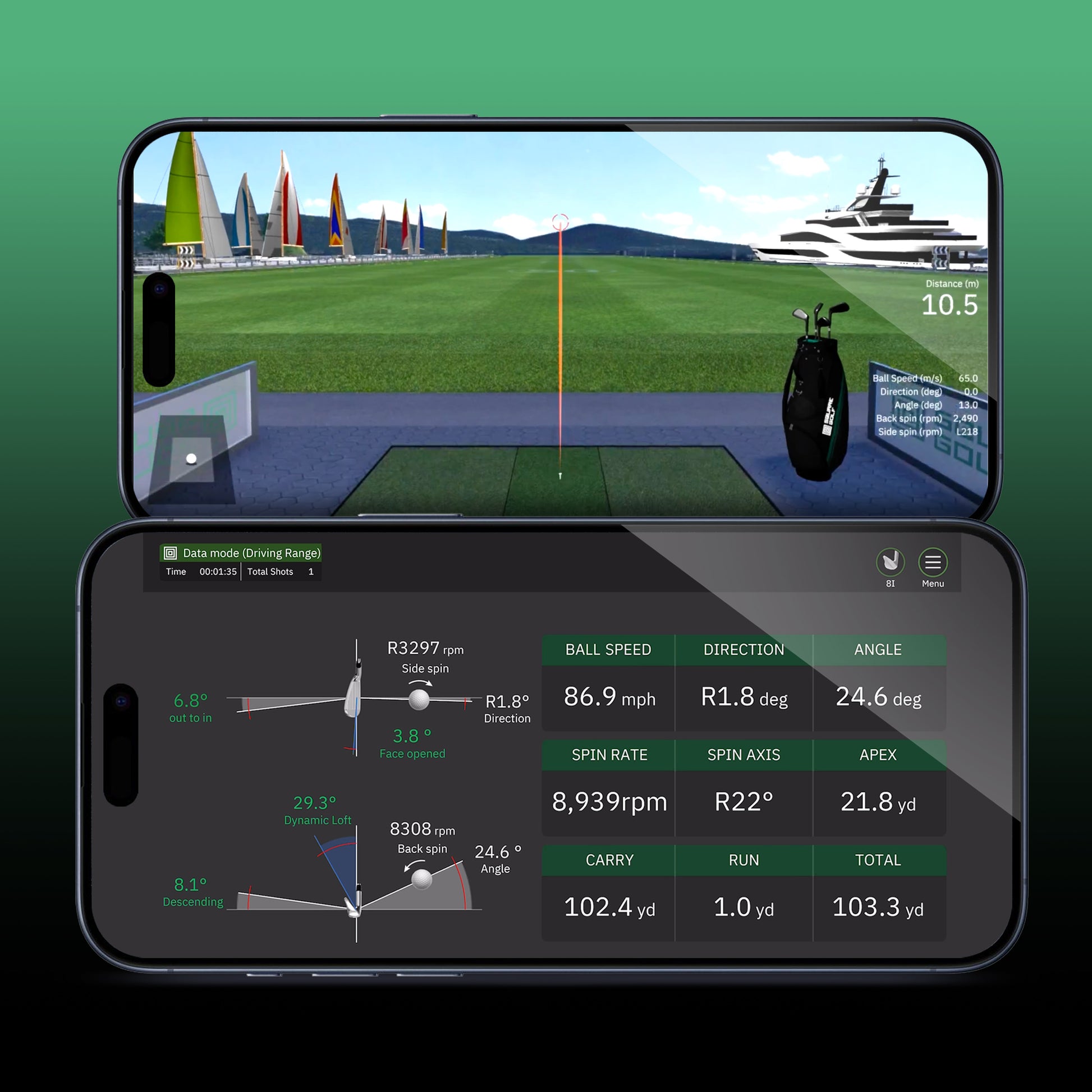 Golf-Simulator App auf Smartphone zeigt Driving Range und Ballflug-Analyse mit Golfdaten.