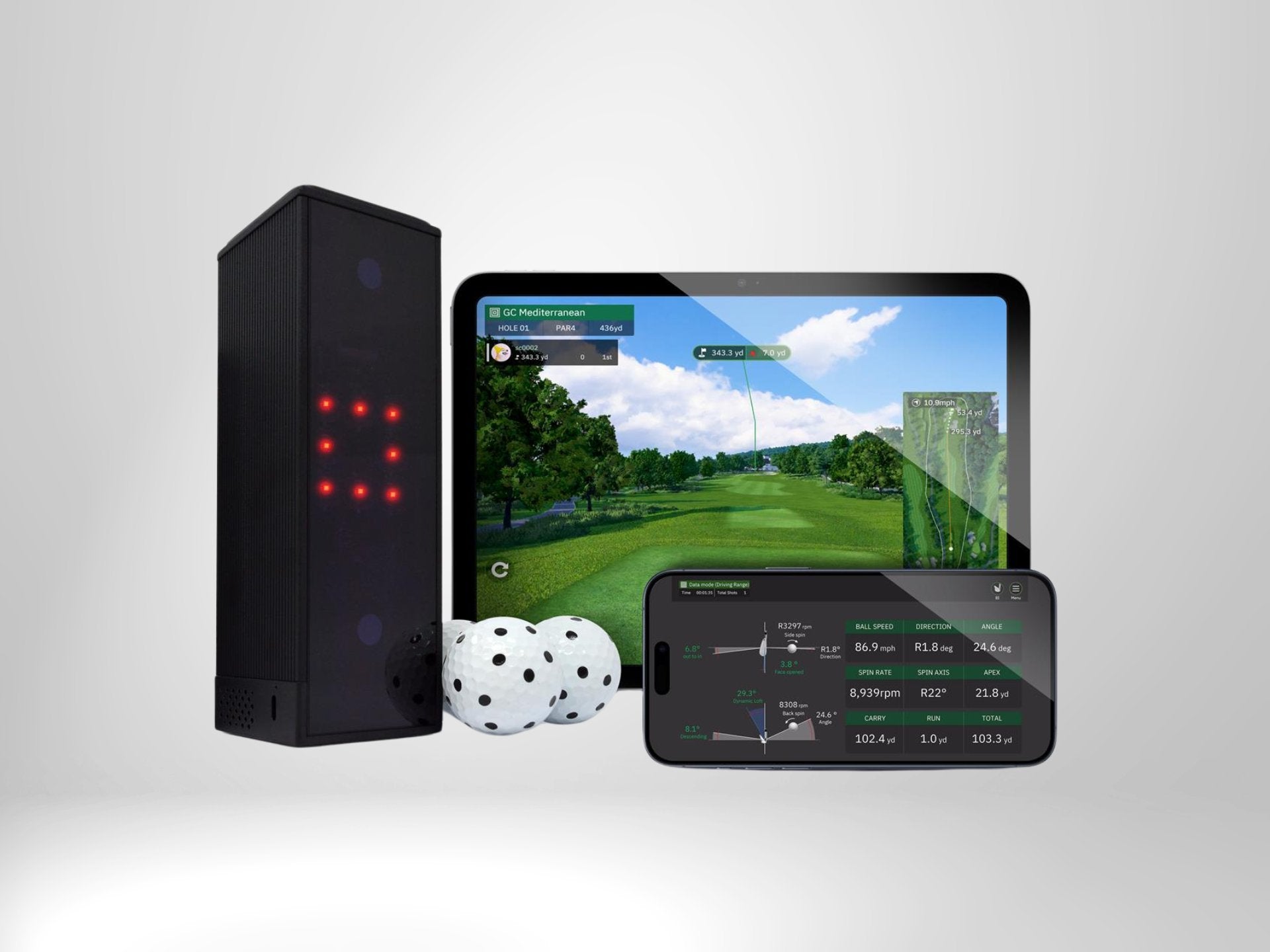 Golf Launch Monitor mit Display, Golfbällen, Tablet und Smartphone, Indoor Golf Simulator Set