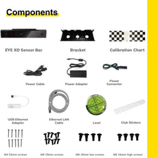 Golf Simulator Zubehör: EYE XO Sensorleiste, Halterung, Kalibrierungstafel, Kabel, Club Aufkleber, Schrauben
