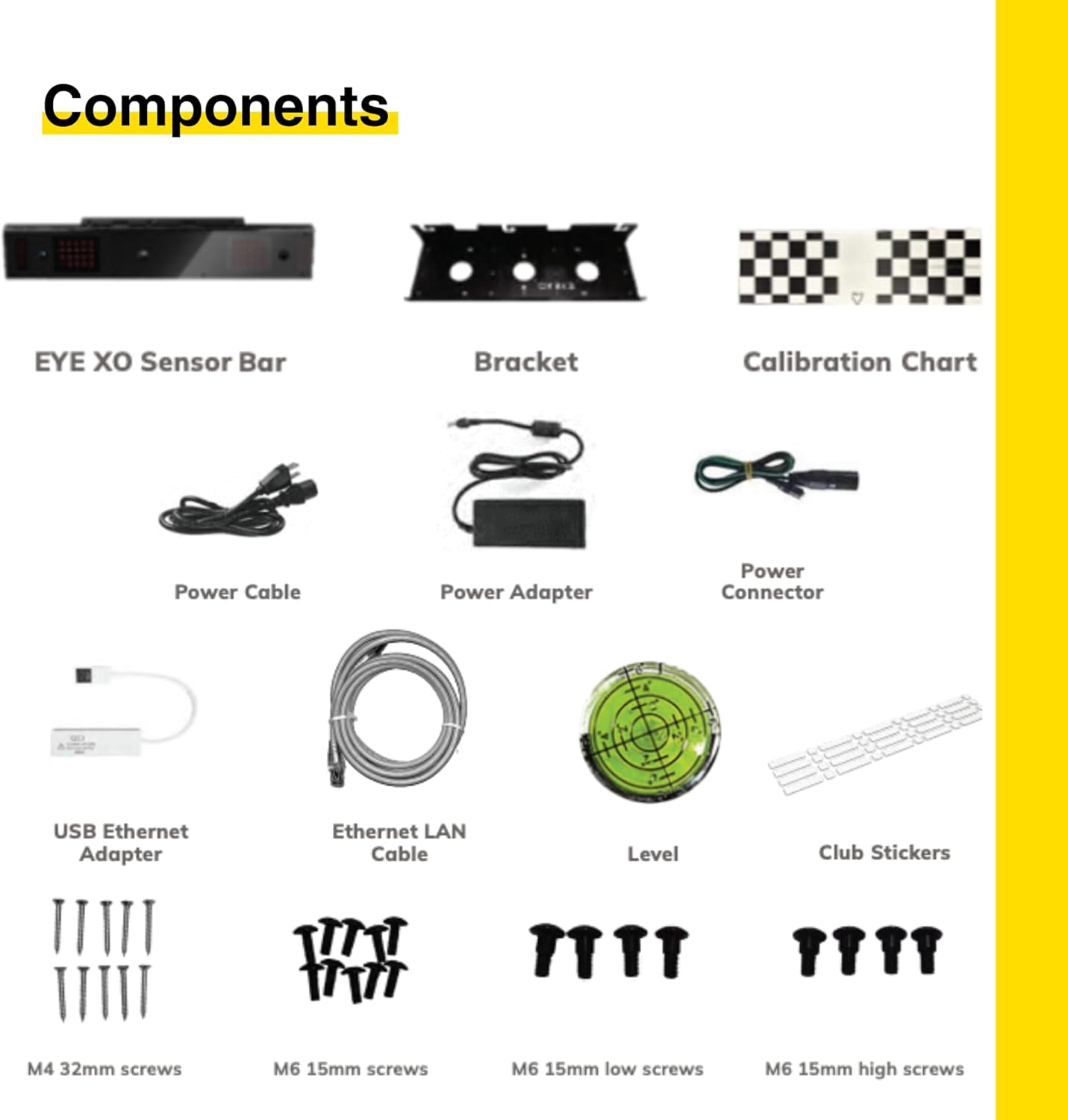 Golf Simulator Zubehör: EYE XO Sensorleiste, Halterung, Kalibrierungstafel, Kabel, Club Aufkleber, Schrauben