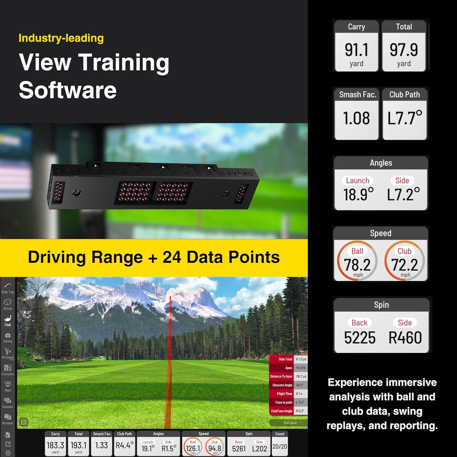 Golf Launch Monitor für Driving Range, zeigt 24 Datenpunkte und Golfschwunganalyse-Software