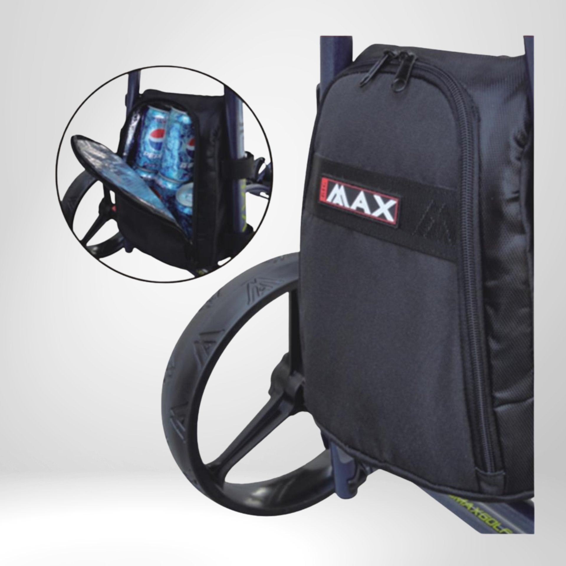 Schwarze Golf-Trolley Kühltasche mit geöffnetem Fach für Getränke, robuste Ausführung.