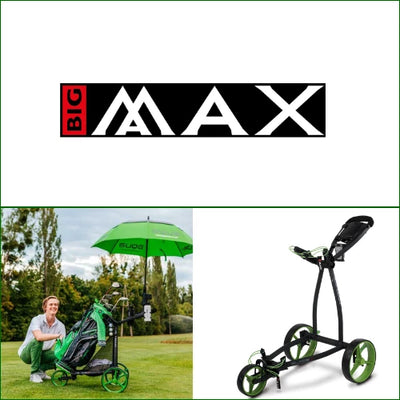 Dreirad Golf Trolley in Grün und Schwarz auf einem Golfplatz, mit Golfbag und Regenschirm