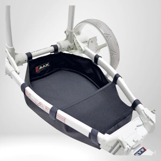 Schwarzes Netz für Golftrolley, Zubehör für Golfwagen, Detailaufnahme am Rahmen