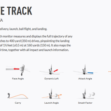 Infografik zu TrackMan 4 Golfdaten: Club Path, Face Angle, Dynamic Loft, Ball Speed, Carry, Launch Angle, Smash Factor, Spin Rate.