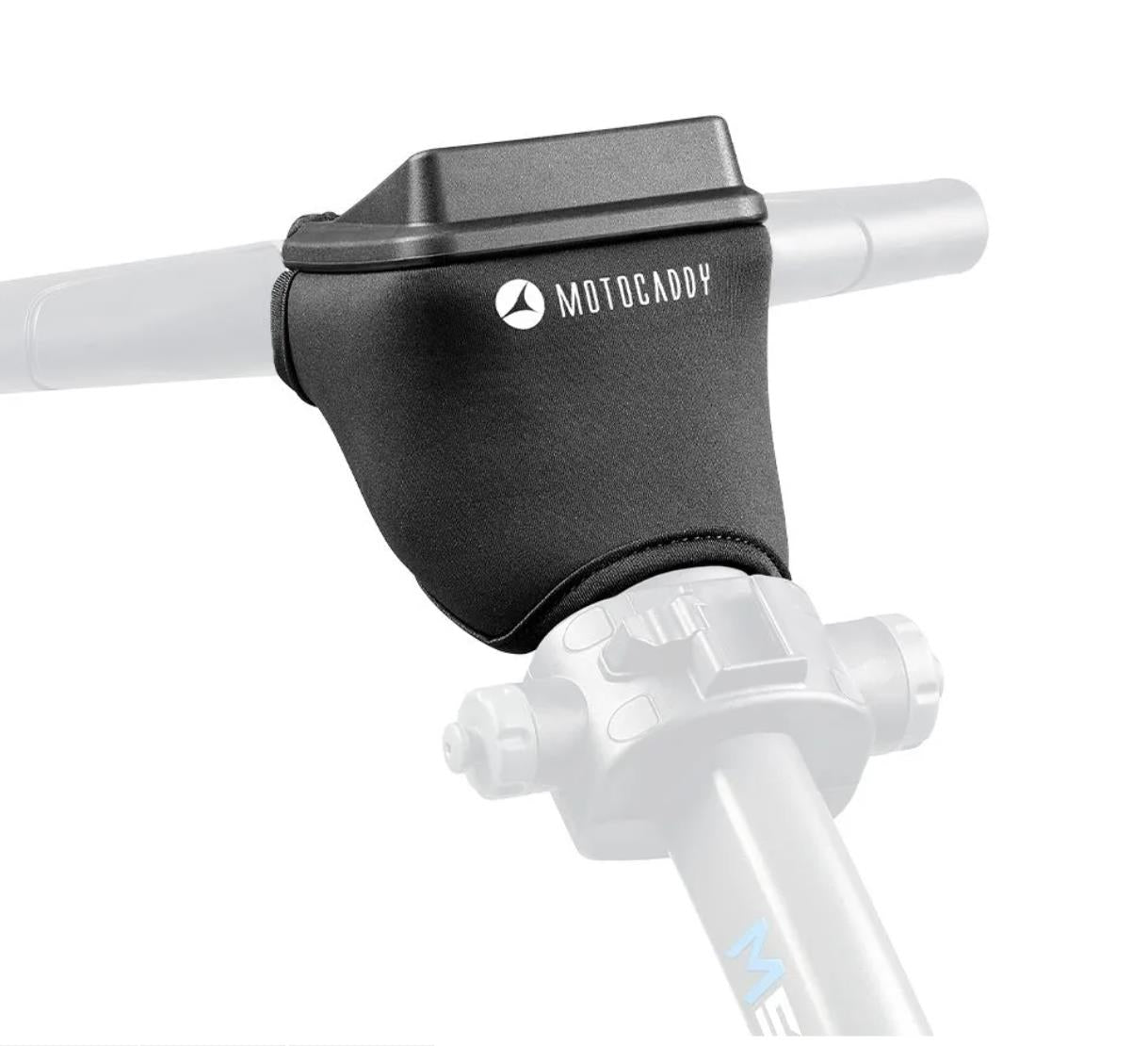 Schwarze Motocaddy Schutzhülle für E-Trolley Bedienfeld, am Griff montiert