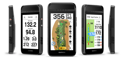 Golf Launch Monitor G82 mit Displaydaten, Golfplatzübersicht und Trainingsmodus, mehrere Perspektiven