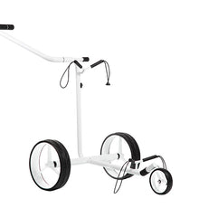 Weißer Golftrolley mit drei Rädern und breiten Reifen auf weißem Hintergrund