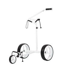 Weißer Golf Trolley mit drei Rädern, Griff und schmalem Rahmen auf weißem Hintergrund