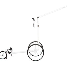 Weißer Golftrolley mit drei Rädern und Klappfunktion vor weißem Hintergrund