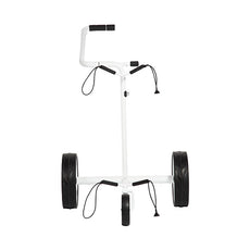 Weißer Golf Trolley mit drei großen Rädern und ergonomischem Griff auf weißem Hintergrund