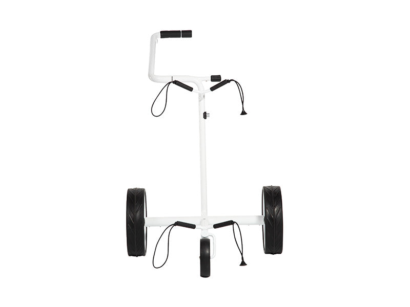 Weißer Golf Trolley mit drei großen Rädern und ergonomischem Griff auf weißem Hintergrund
