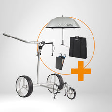 Leichter Golftrolley mit Zubehör-Set: Schirm, Tasche und Halter vor weißem Hintergrund