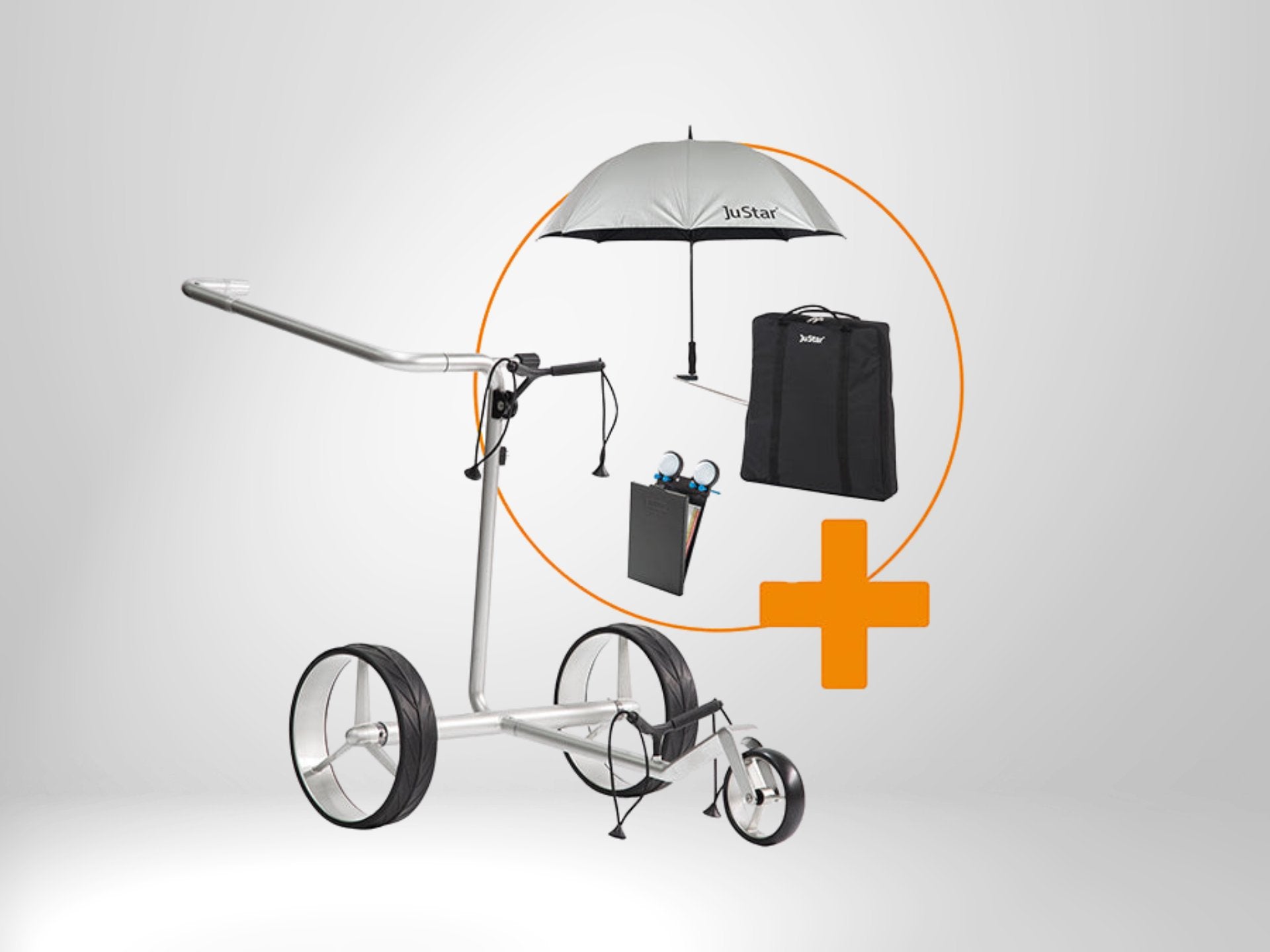 Leichter Golftrolley mit Zubehör-Set: Schirm, Tasche und Halter vor weißem Hintergrund