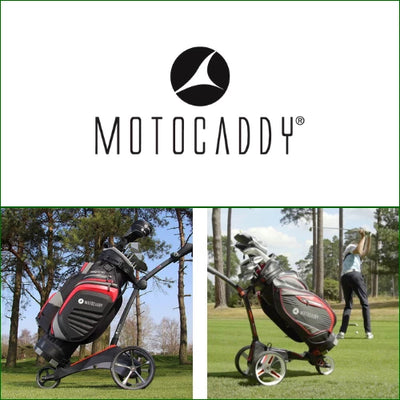 Moderner Golf E-Trolley mit Golfbag auf Rasen, Motocaddy Logo zentral sichtbar.