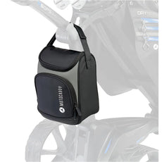 Schwarze Motocaddy Kühltasche am Golf Trolley, Zubehör für Golfer, Vorderansicht