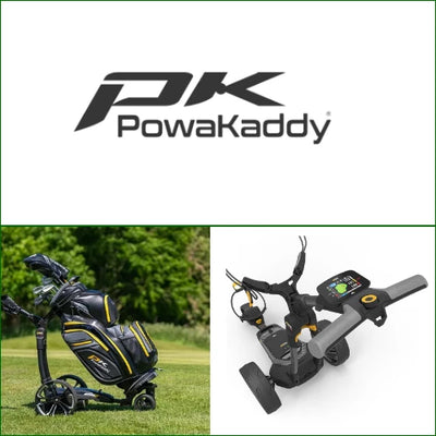 PowaKaddy E-Trolley für Golf, modern mit Golfbag, Nahansicht Steuerung, grüne Wiese