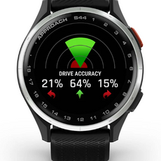 Schwarze Golf GPS-Uhr mit Rundanzeige zur Drive-Genauigkeit, Prozentwerten und modernem Design.