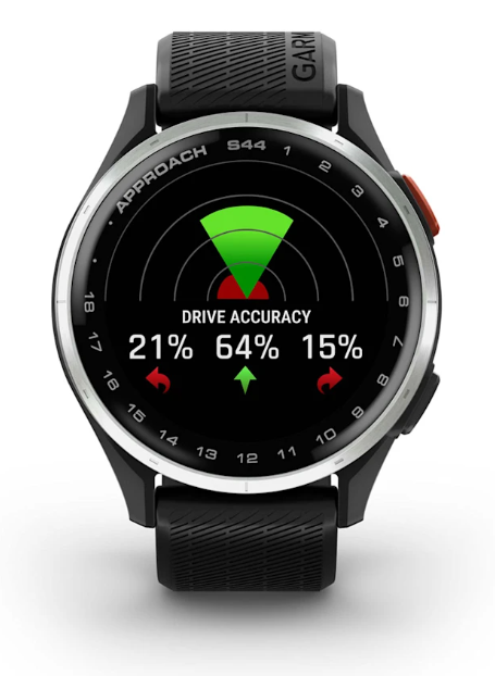 Schwarze Golf GPS-Uhr mit Rundanzeige zur Drive-Genauigkeit, Prozentwerten und modernem Design.