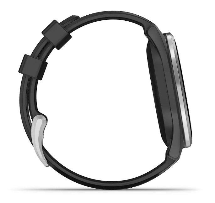 Schwarze Golf GPS-Uhr mit seitlicher Ansicht, modernes Design, robustes Kunststoffarmband